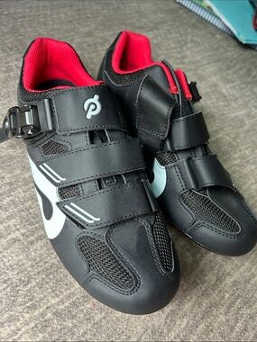 Peloton Black Cycling Shoes with Red Lining and White Logo